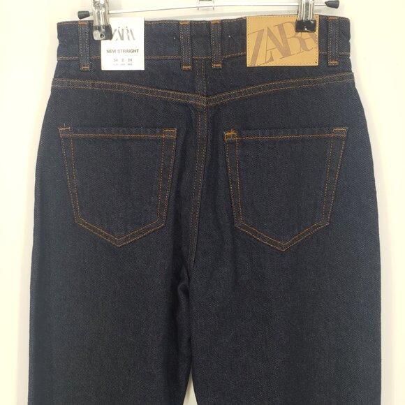 Zara New Straight Leg Jeans 2 High Rise Waist Dark Wash Denim Blue - Picture 6 of 10